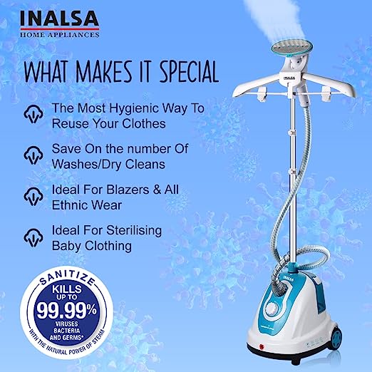 INALSA Garment Steamer Speedy Steam – 1700 W |Variable Steam Control Knob | Powerful Steam Output -Upto 30g/min |1.4L Detachable Large Water Tank |Includes Fabric Brush & Hand Glove,(White/Aqua Green) INALSA Garment Steamer Speedy Steam – 1700 W |Variable Steam Control Knob | Powerful Steam Output -Upto 30g/min |1.4L Detachable Large Water Tank |Includes Fabric Brush & Hand Glove,(White/Aqua Green)